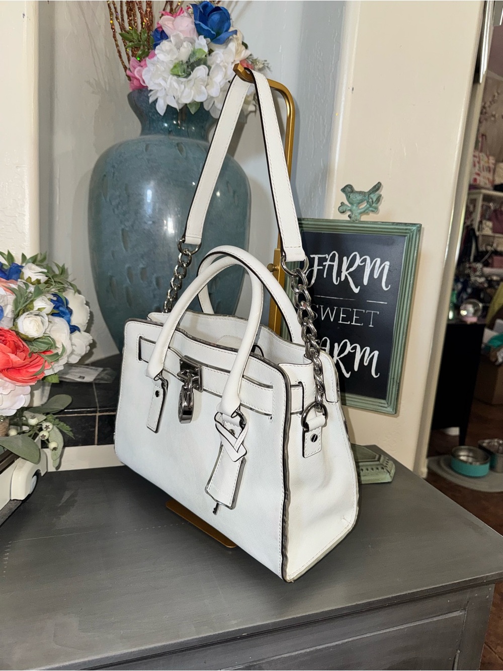 Michael Kors Hamilton White Saffiano Satchel w Silver Hardware & Working Lock - Picture 3 of 14